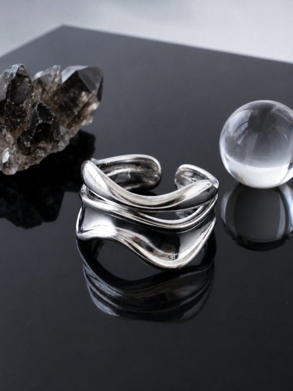 18K White Gold Plated Stainless Steel Open Wave Ring Minimalist Adjustable 7-9 - Picture 3 of 14